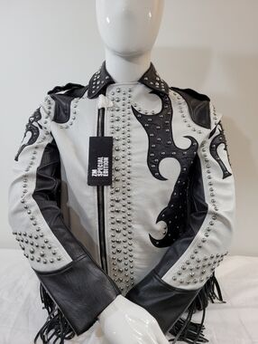 Zara White and Black Studded Leather Bomber Jacket Size L